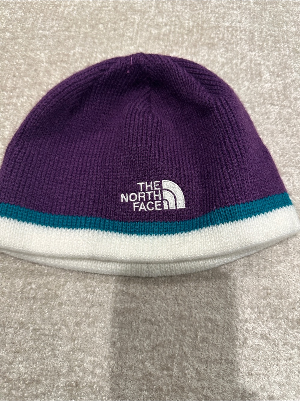 The North Face Kids Purple Beanie with White and Teal Stripe